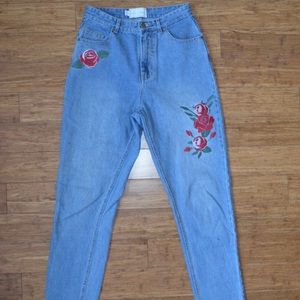 MinkPink x Disney Rose Embroidered High Rise Jeans